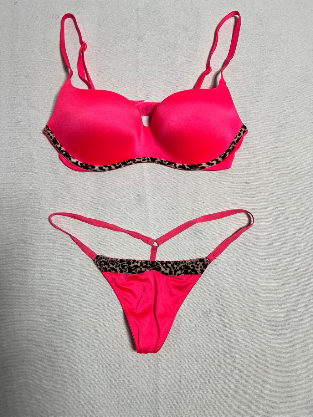 Victoria's Secret Bright Pink Balconette Bra w/ Leopard Trim and matching panty